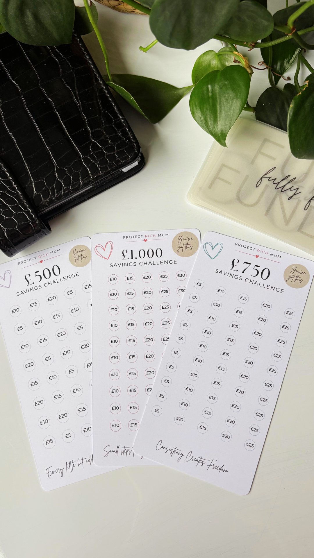 Savings Challenge Tracker | £500, £750 & £1,000 | A6 Cash Budgeting